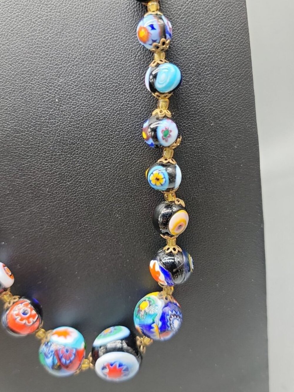 Antique Venetian Millefiori Murano Glass Bead Necklace 23" Graduated Black 16mm - Picture 2 of 16